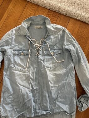 Madewell Light Blue Lace-Up Denim Button-Down Shirt